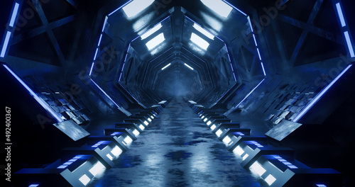Fototapeta Naklejka Na Ścianę i Meble -  3d rendering dark metal sci fi corridor with blue neon light. Concept futuristic spaceship hallway background.
