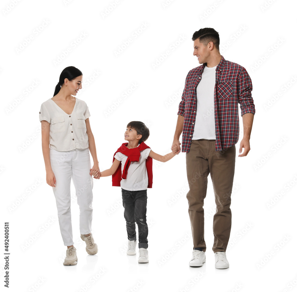 Little boy with his parents together on white background Little boy with his parents together on white background