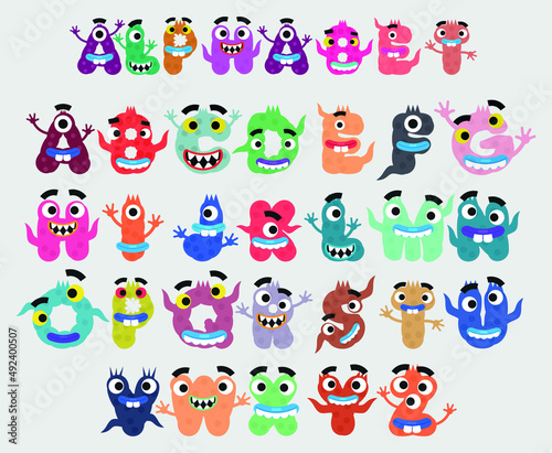 English capital letters, writing style in the form of cute monsters