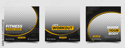 Set of Social media post design template for gym, fitness, and workout promotion. Flat design vector with place for the photo. Usable for social media post, banner, and web.