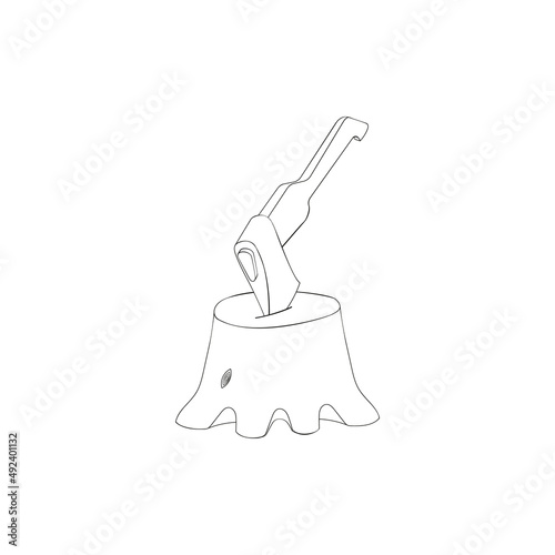 An outline vector illustration of an ax into the stump isolated on transparent background. Designed in black and white colors for web concepts, templates, prints.