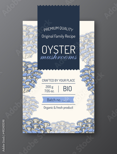 Blue Oyster mushroom label template Modern vector packaging design layout Isolated