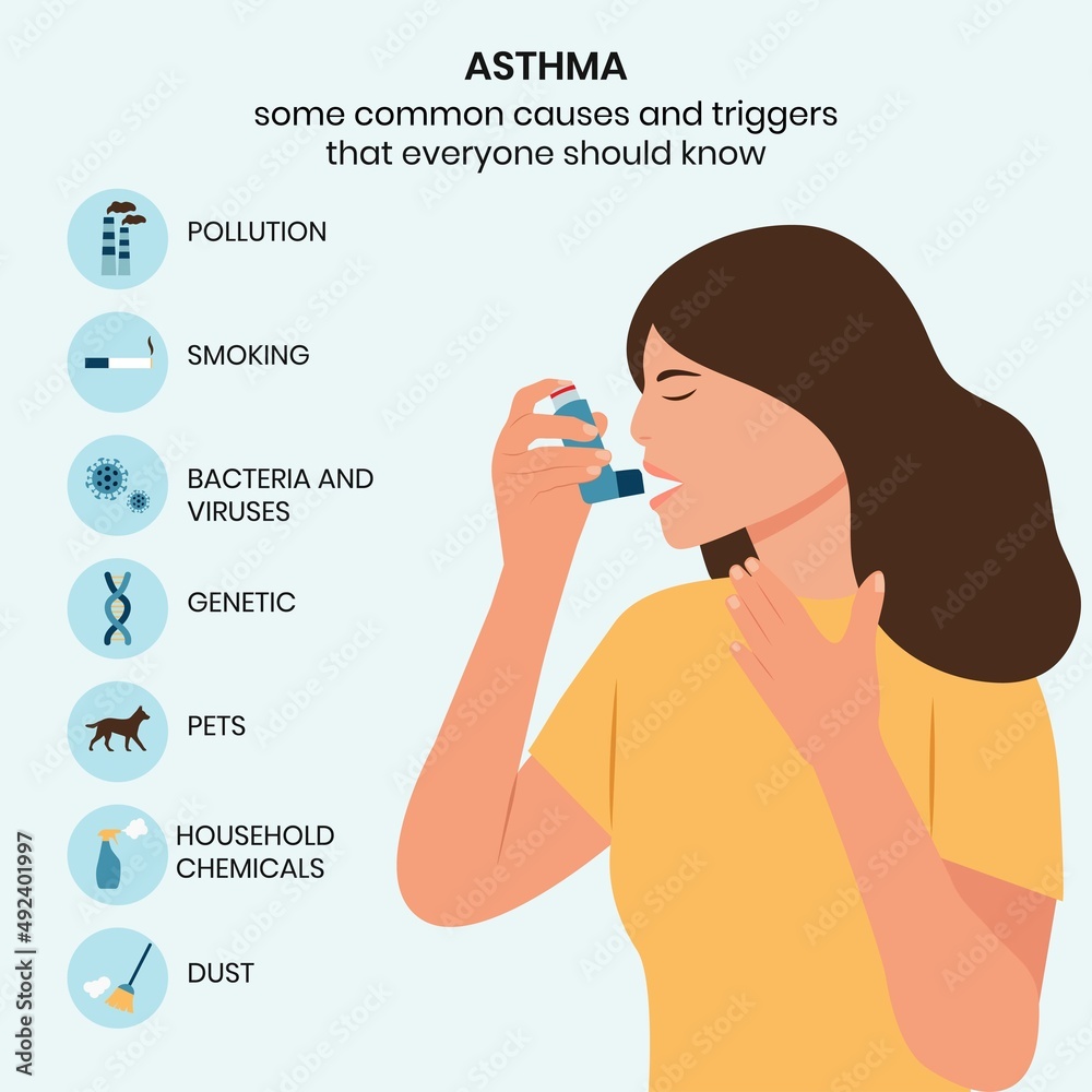 Causes and triggers of asthma, infographic. Woman uses an asthma ...