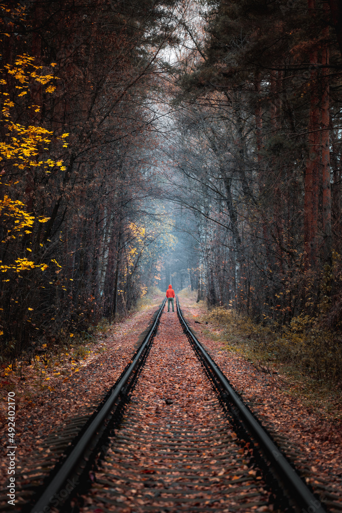 Naklejka premium Man with red coat standing on the railroad between woods.