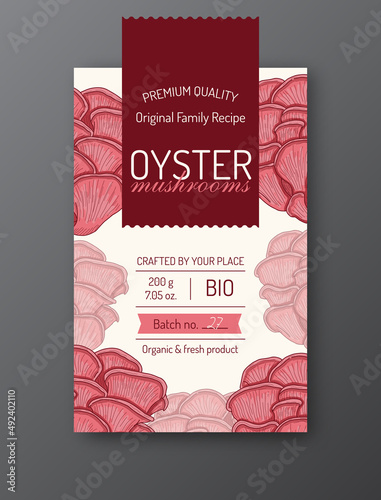 Pink Oyster mushroom label template Modern vector packaging design layout Isolated