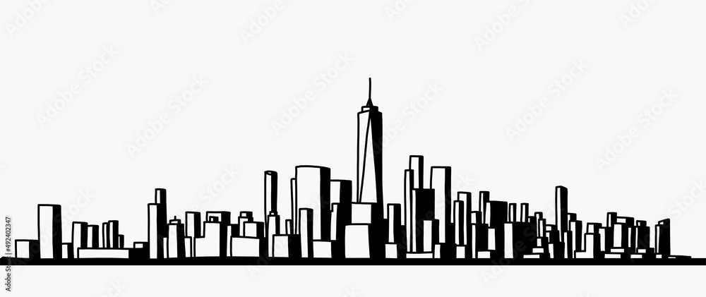 Obraz premium modern cityscape skyline outline doodle drawing on white background.