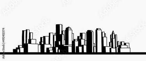 modern cityscape skyline outline doodle drawing on white background.