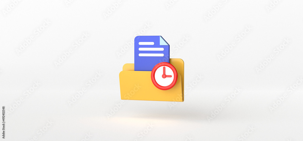 Document and Clock isolate on White background, Folder, 3d rendering. Document and Clock isolate on White background, Folder, 3d rendering.