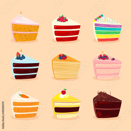 Set of cakes with different filling and decoration. Pieces of various cakes with berries, birthday candles and cream. Vector illustration with desserts.
