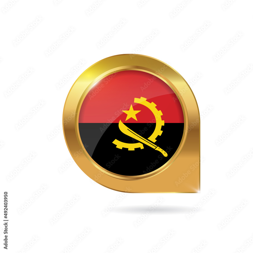 Flag of Angola, location map pin, pointer flag, button with the reflection of light and shadow, gold frame, Icon country. Realistic vector illustration on white background Flag of Angola, location map pin, pointer flag, button with the reflection of light and shadow, gold frame, Icon country. Realistic vector illustration on white background