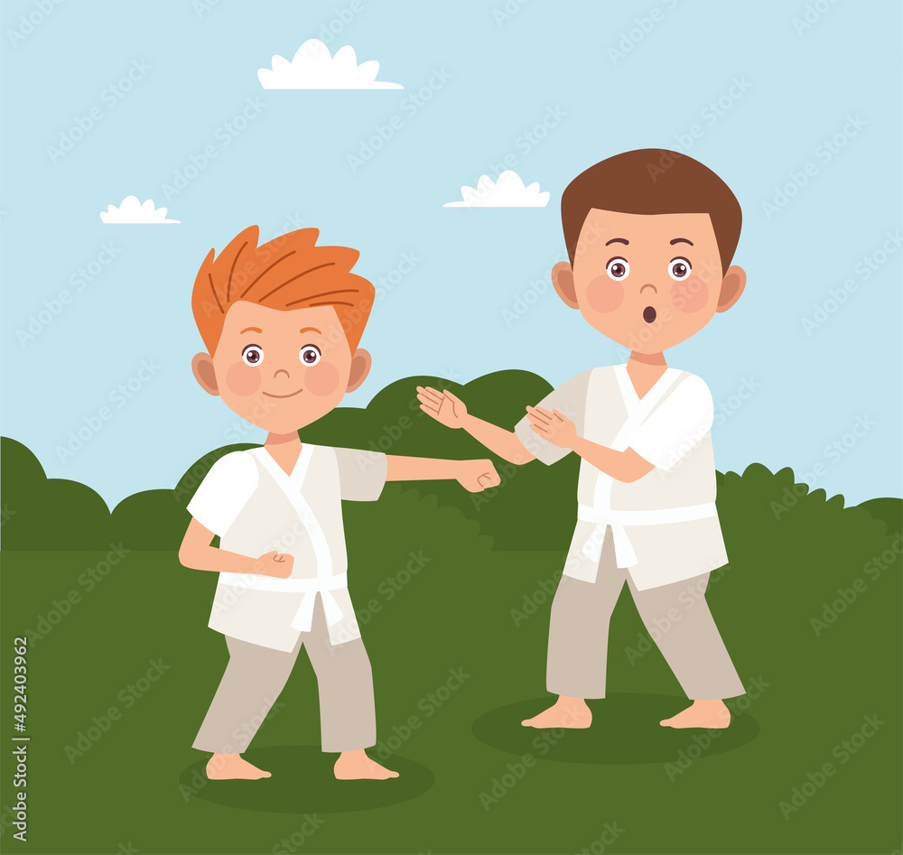 boys couple practicing karate