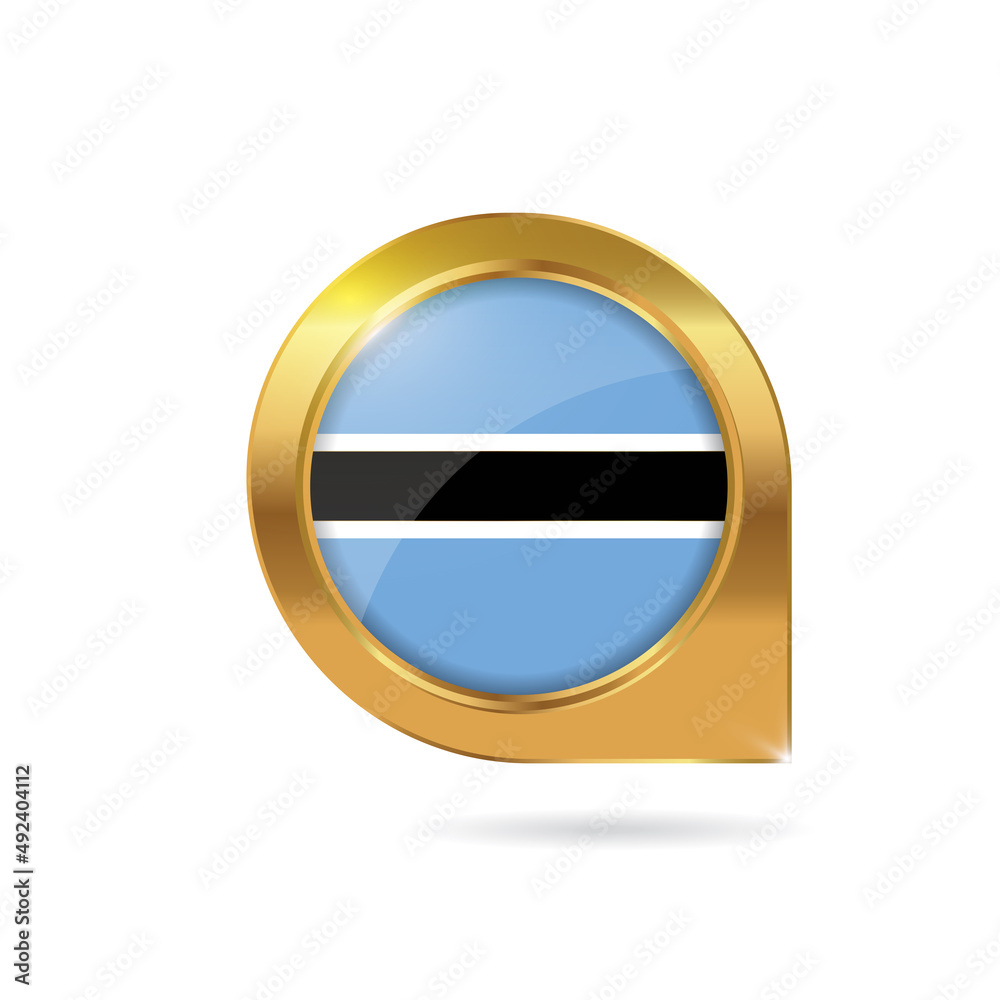Flag of Botswana, location map pin, pointer flag, button with the reflection of light and shadow, gold frame, Icon country. Realistic vector illustration on white background Flag of Botswana, location map pin, pointer flag, button with the reflection of light and shadow, gold frame, Icon country. Realistic vector illustration on white background