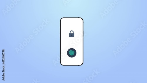 Video shows fingerprint icon scanning on digital screen for verify identity and unlock a padlock icon that lock on the screen. Login process to access and confirm identity on smartphone screen.	