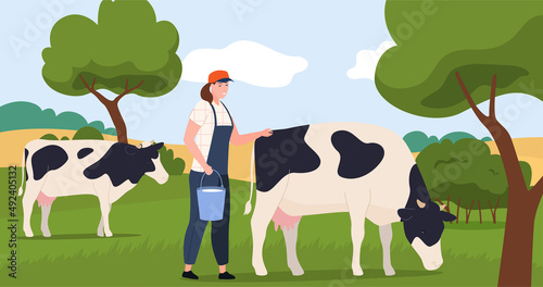 Obraz na plátně Woman agricultural worker cow milking with bucket full of milk vector flat illus