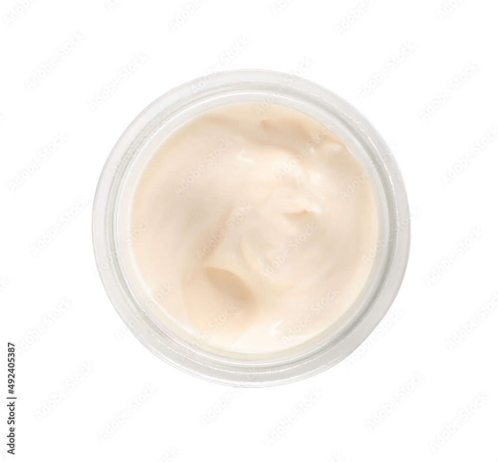 Mayonnaise in glass jar isolated on white, top view Mayonnaise in glass jar isolated on white, top view