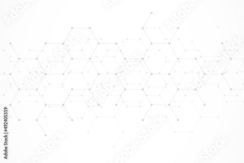 Hexagons pattern on gray background. Genetic research, molecular structure. Chemical engineering. Concept of innovation technology. Used for design healthcare, science and medicine background