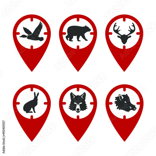 Free Download For a hunter, a mark on the map in the form of an optical sight with a silhouette of a duck, bear, wolf, hare, deer, boar. GPS tag, places for hunting wild animals. Vector icon set. - GFXLoad