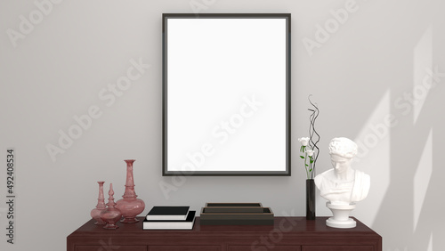 modern classic interior room with white blank frame on wall. 3D illustration
