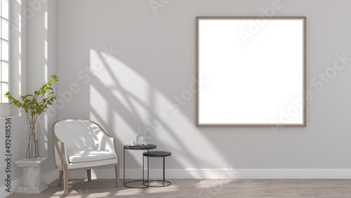 modern classic interior room with white blank frame on wall. 3D illustration
