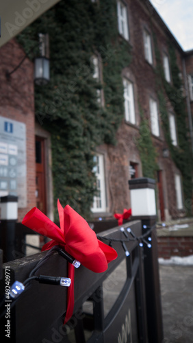 Christmas decoration on a fence of restaurant