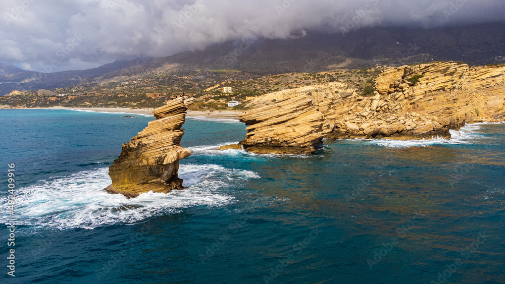 Fototapeta premium aerial shot of the scenic coastline of the Triopetra beach in Crete, Greece