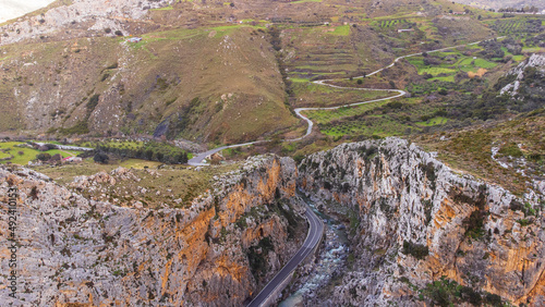 Aerial shot of the Kourtaliotiko gorge in crete, Greece