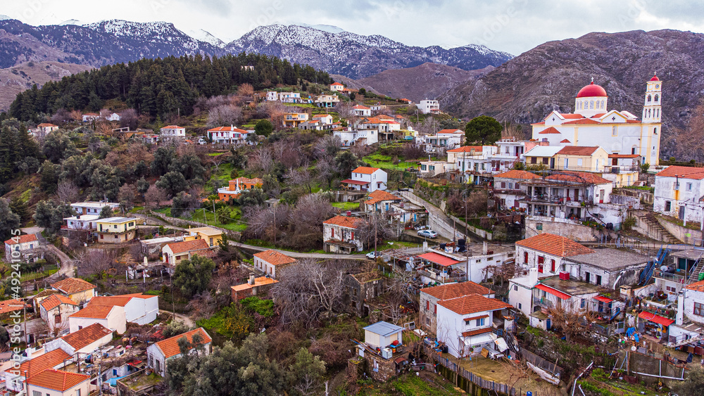 Aerial view of a beautiful old village in the mountains of crete, Greece