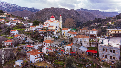 Aerial view of a beautiful old village in the mountains of crete, Greece