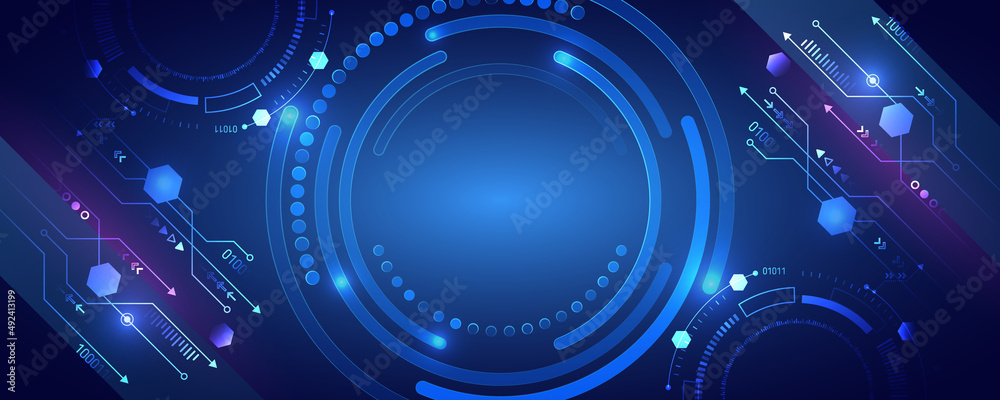 Hi-tech computer digital technology concept. Wide Blue background with various technological elements. Abstract circle technology communication, vector illustration. - obrazy, fototapety, plakaty 
