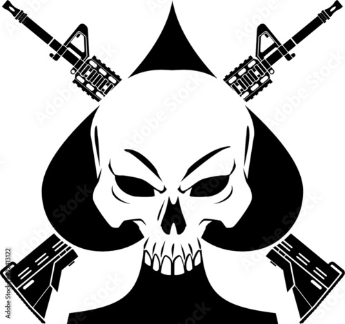 human skull in ace of spades and crossed assault rifles