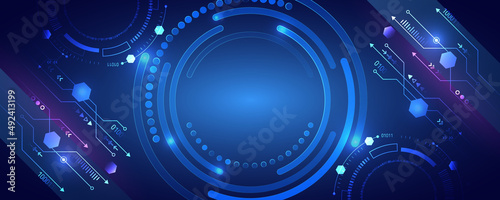 Hi-tech computer digital technology concept. Wide Blue background with various technological elements. Abstract circle technology communication, vector illustration.