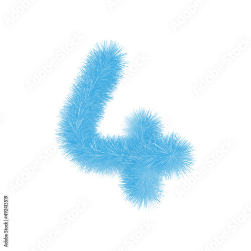 Furry number 4 font vector. Easy editable digit. Soft and realistic feathers. Number 4 with blue fluffy hair isolated on white background.