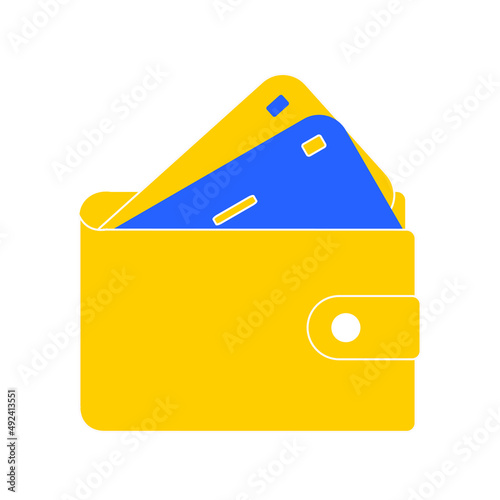 Bank credit card in a yellow wallet on a white background. Electronic money, payments and transfers online. Modern technologies. Vector.