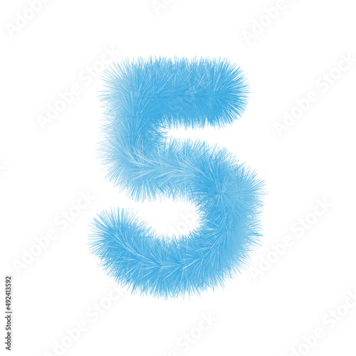Furry number 5 font vector. Easy editable digit. Soft and realistic feathers. Number 5 with blue fluffy hair isolated on white background.