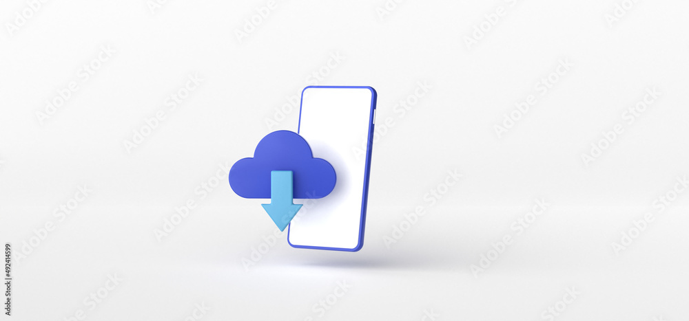 Smartphone with Cloud and Arrow down isolate on White background, Download Upload, 3d rendering. Smartphone with Cloud and Arrow down isolate on White background, Download Upload, 3d rendering.