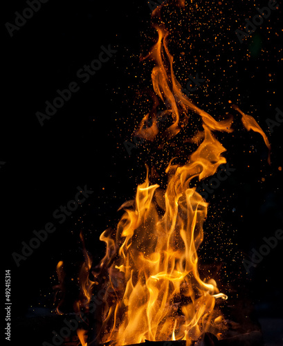 Orange flames of fire on a black background of the night. Blurred background.
