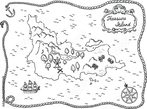 Treasure island pirate map, antique, illustrated with ink, vector.