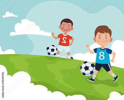 boys couple practicing soccer