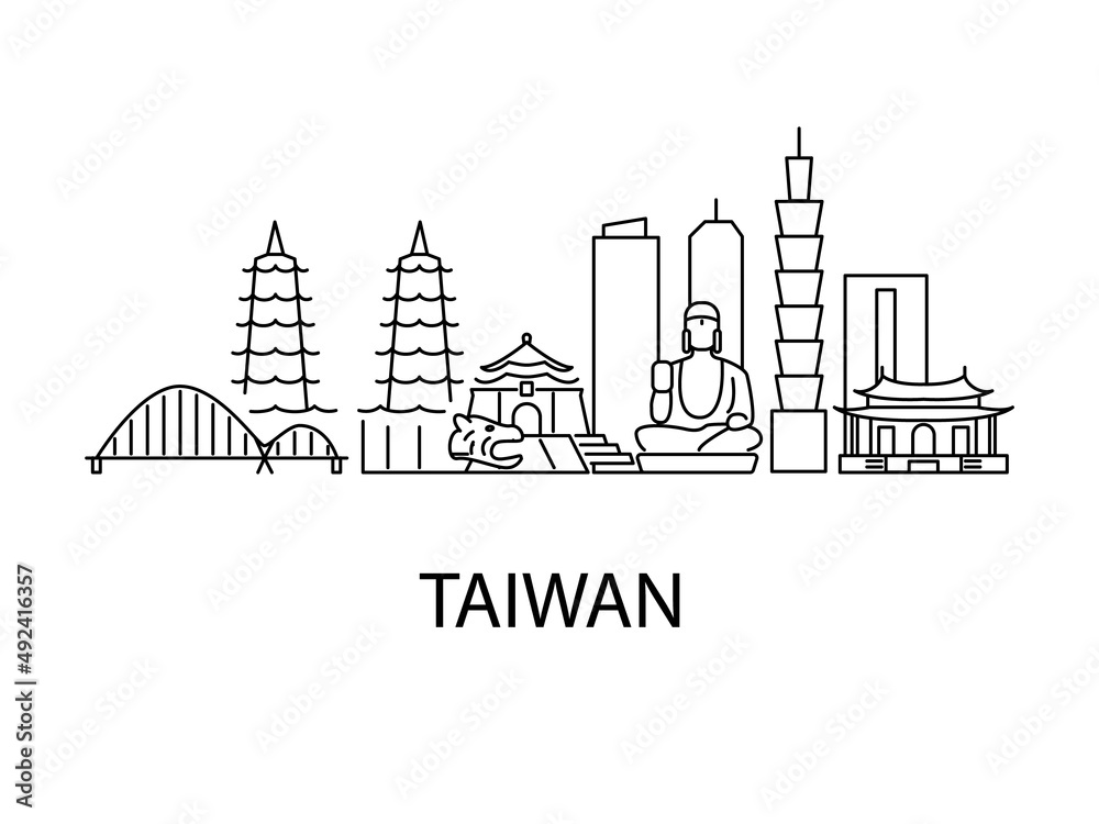 Taiwan city landscape with famous places. Taiwanese culture concept with outline icons. Vector stock illustration