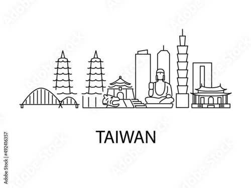 Taiwan city landscape with famous places. Taiwanese culture concept with outline icons. Vector stock illustration