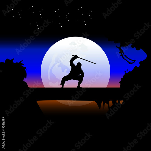 ninja assassin silhouette in the night, wallpaper, vector