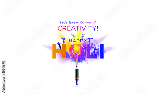 Creative greeting card design for Holi Festival background. Happy Holi Text with dry color powder splash and pencil