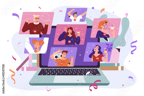 Online party concept. Flat happy people dancing, drinking and celebrating birthday via internet. Virtual holiday with friends or colleagues at computer screen. Festive event from home via video call.