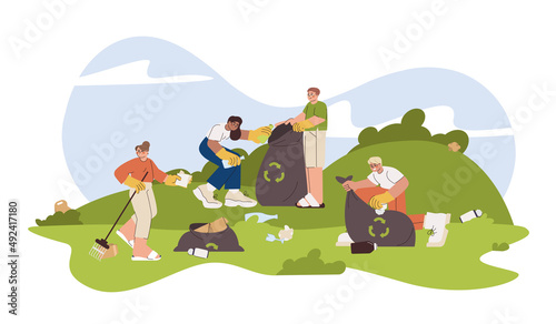 Flat volunteers collecting different garbage, pick up rubbish in public park. People with trash bags clean up waste, litter for recycle. Ecology protection, soil pollution, caring for the environment.