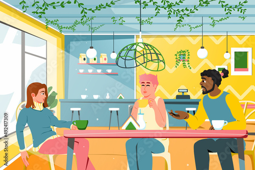 Friends drinking coffee at cafe. Diverse group of people talking and having fun together at restaurant. Guys and girls laughing, having a fun conversation at coffee shop. Vector illustration