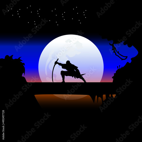 ninja assassin silhouette in the night, wallpaper, vector photo