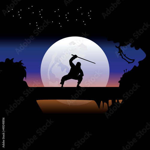 ninja assassin silhouette in the night, wallpaper, vector photo
