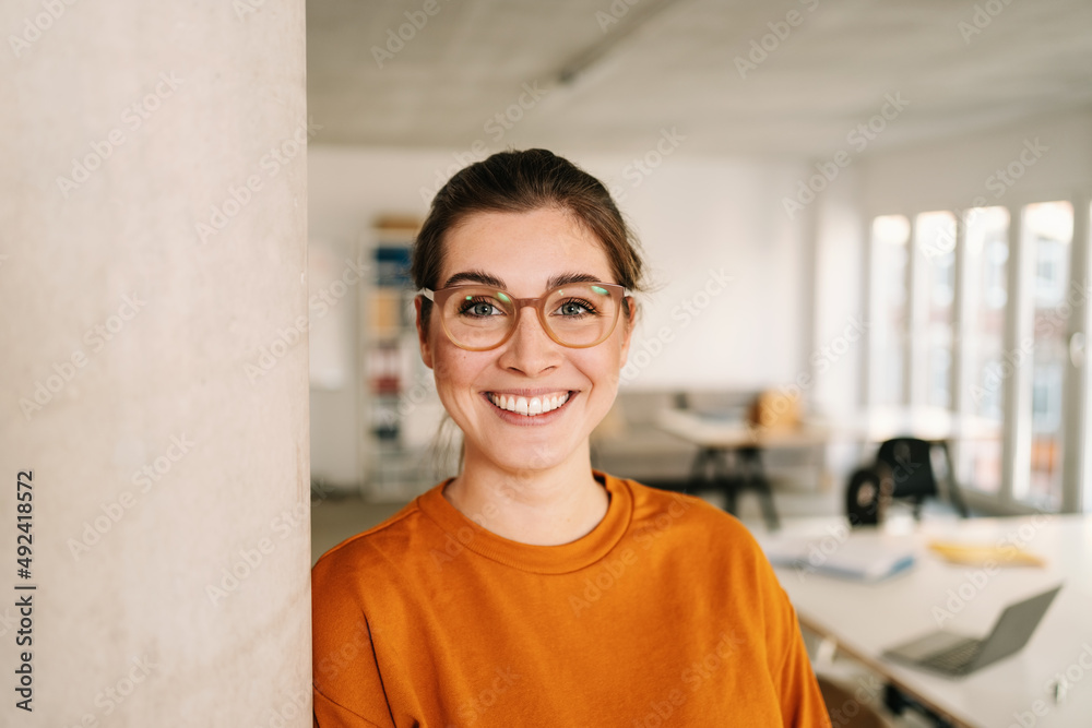 custom made wallpaper toronto digitalhappy businesswoman with glasses in office looking at camera