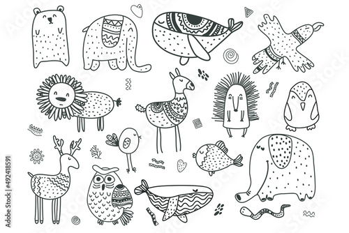 Scandinavian childrens animals and elements. Scandi style doodle animals black and white vector set.