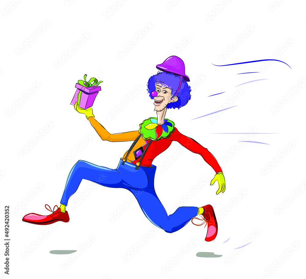 funny clown running with gift box in hand